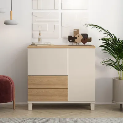 Obrázok produktu pre Skye Decor, kvalitná viacúčelová komoda, farba piesok a buk, rozmer 87,2 x 82,4 x 35 cm | 100% melamín