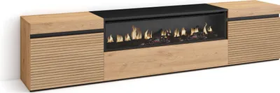 A modern TV cabinet with a built-in electric fireplace.