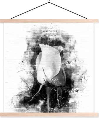Produktbild von MuchoWow® Textilposter Rosen - Blumen - Zeitungspapier - Schwarz - Weiß 40x40 cm mit holzfarbenen Rahmen - Posterleiste