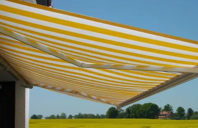 A striped awning extends over a field of yellow flowers.