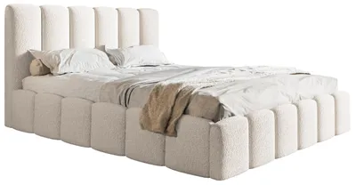 Image de Lit double 200x200 Palermo - Lit rembourré avec coffre de rangement et sommier à lattes métallique, mousse - Bouclé crème