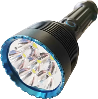 A close-up studio shot of a powerful LED flashlight.