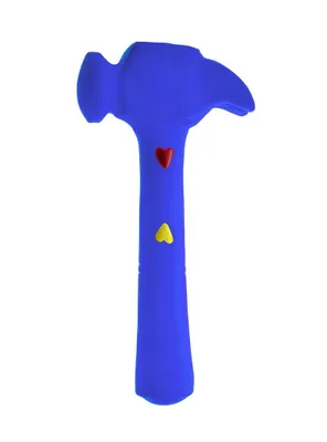 A blue toy hammer with red and yellow heart decorations on a white background.