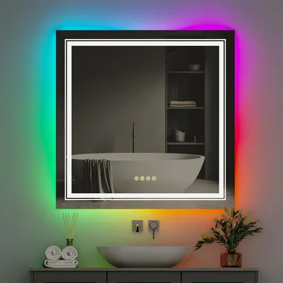 Image de Miroir de salle de bain moderne - Lumière LED RGB avec variation de couleurs - Intensité réglable - Miroir anti-buée - Résistant aux chocs