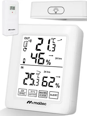 A white digital weather station with a remote sensor and a light indicator.