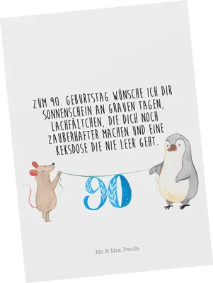 Produktbild von Mr. & Mrs. Panda Postkarte 90. Geburtstag Maus Pinguin - Weiß - Geschenk, einzelkarte, Fotokarte, Postkarten, Grußkarte, Happy Birthday, Party, Ansichtskarten, Kuchen