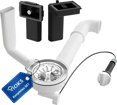 A set of sink drain components, including a strainer basket, pipes, and overflow parts, laid out against a white background.
