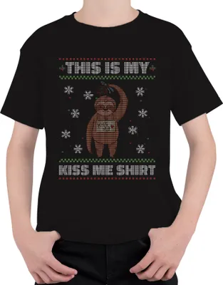 Produktbild von Faultier Mistelzweig Kuss Shirt - Ugly Christmas Sweater Weihnachten Uni Kinder T-Shirt, Schwarz, 140