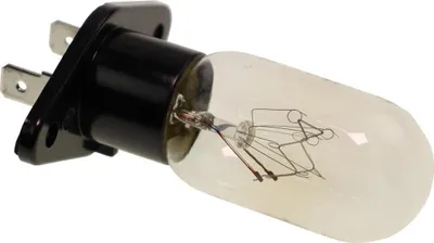 A close-up studio shot of a microwave oven light bulb with a black base and metal prongs.