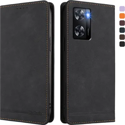 Image de Etui pour Oppo A57e/A57s/A57 4G/A77s/A77 4G, étui rétro en cuirPolyuréthaneavec support et fentes pour cartes de crédit Noir