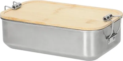 A stainless steel lunchbox with a bamboo lid.
