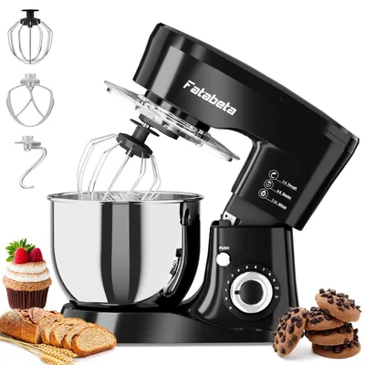 Produktbild von Fatabeta Küchenmaschine 1000W, 5,5L Edelstahl-Schüssel, 11+P Stufen, mit Knethaken, Rührhaken, Schlagbesen & Spritzschutz, Schwarz