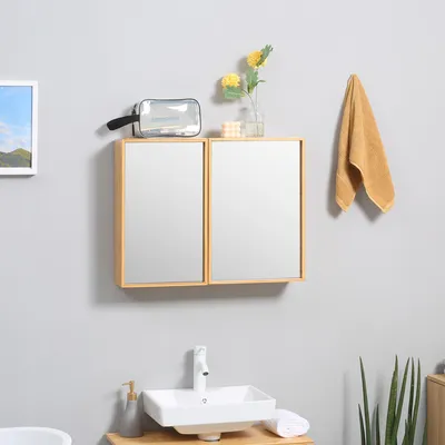 Produktbild von SUGIFT Badschrank mit Spiegeltür, Bambus Hängeschrank, Spiegelschrank Bad, Naturholz | 65,2 x 14 x 50 cm | 4 Innenfächer | 9 kg