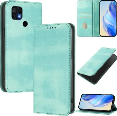 Produktbild von Handyhülle für Xiaomi Poco C40/Redmi 10C, Vintage Leder RFID Schutz Kartenfach Standfunktion Magnetische Klapphülle Türkis