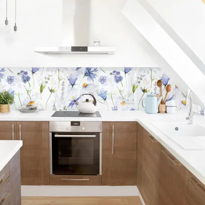 Produktbild von Küchenrückwand Muster selbstklebend - 0.65 mm Wandpaneel wasserfest Blumenmuster blau Spritzschutz fugenlos