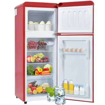 Produktbild von Abrihome Retro Kühl-/Gefrierkombination, zweitürig, 92 Liter Gesamtvolumen, 28 Liter Gefriervolumen, 116 kWh/Jahr, LED-Licht, Rot