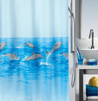 Obrázek produktu pro Sprchový závěs Spirella proti plísním - antibakteriální, omyvatelný, voděodolný, polyester, "Delfíni" 180x200cm Modrý