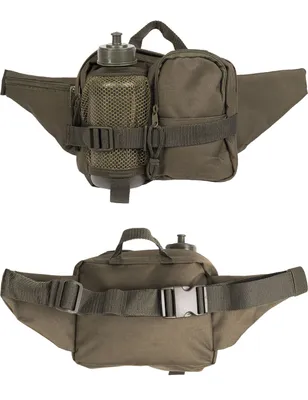 A top and bottom view of an olive green waist bag with a water bottle holder.