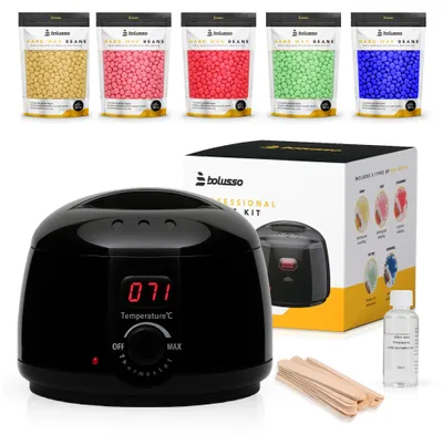 Immagine prodotto di Apparecchio per ceretta Bolusso | set per depilazione | scaldacera incluso | 5 tipi di cera in grani (500g) | 50 bastoncini di cera | temperatura regolabile 30-120°C