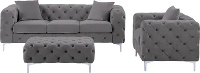 Produktbild von 3-Sitzer-Sofa, Sessel und Chesterfield-Pouffe aus anthrazitfarbenem Velours - EDWINA