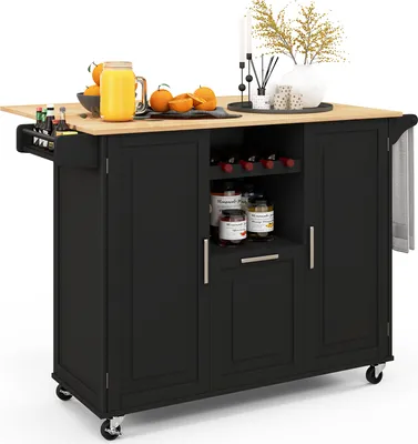 A black kitchen cart with a wooden top, featuring storage compartments and a pull-out shelf.