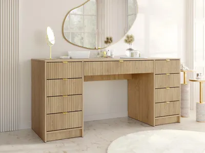 Produktbild von MIRJAN24 Schreibtisch / Schminktisch Tireno Bis, Schlafzimmer Kosmetiktisch mit neun Schubladen, Goldfarben Aluminiumgriffe (Farbe: Eiche Cremona)