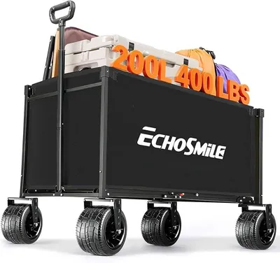 Produktbild von Bollerwagen Faltbar 200L 180KG Belastbar, Handwagen Transportwagen Klappbar mit Verstellbarem Griff, Breite Räder All-Terrain Strandwagen Gartenwagen Einkaufswagen, Schwarz