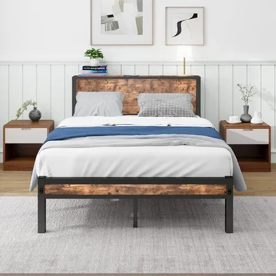 Produktbild von Bettgestell mit Stauraum-Kopfteil und Metalluntergestell Eisenrahmenbett Jugendbetten Einzelbett 120x200cm Vintage Braun