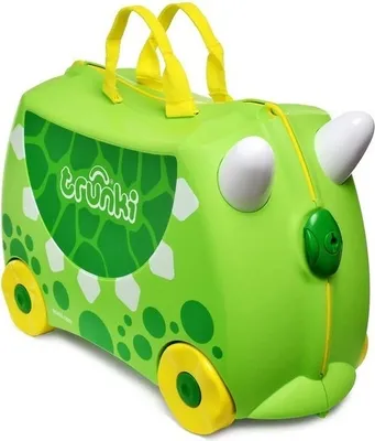 A green dinosaur-shaped rolling suitcase for children.