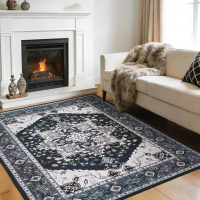 Image de Tapis vintage rectangulaire pour salon, lavable, 140x200 cm, couleur noire