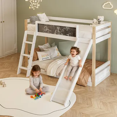Produktbild von LVHOM Etagenbett mit Rutsche und Treppe, Hochbett 90x200/90x190cm mit Tafeln, Kinderbett aus Massivholz, Jugendbett Bettgestell, Weiß/Natur