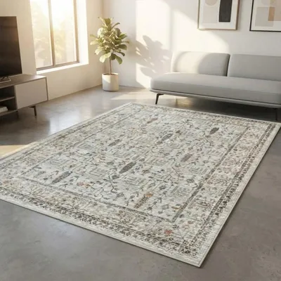 Produktbild von TapisTrend Orientalischer Teppich Creme 80x150 cm Vintage- im orientalischen Stil, cremefarben, mit ethnischen Mustern und dekorativer Bordüre für Wohn- und Schlafzimmer