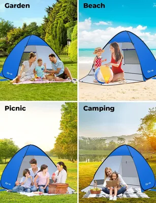 Produktbild von Strandzelt, Pop-up-Strandzelt mit Reißverschluss, UV-Schutz 50+, Windschutz, kleine Packgröße, blaues Strandzelt