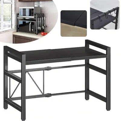 Produktbild von Verstellbares Mikrowellenregal, 2-Stufig Erweiterbares Küchen Mikrowelle Ständer Regal, mit 6 Haken