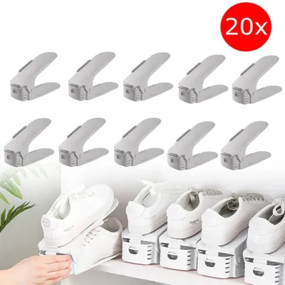 Image de Lot de 20 étagères à chaussures réglables, empilables et antidérapantes, 3 niveaux réglables, rangement pour chaussures, gris