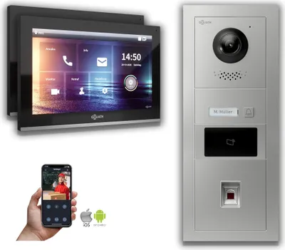 Produktbild von IP Türsprechanlage 2-Monitore Fingerprint RFID : 10 Zoll in Schwarz : Unterputzdose : 4er POE (Standard) Monitor