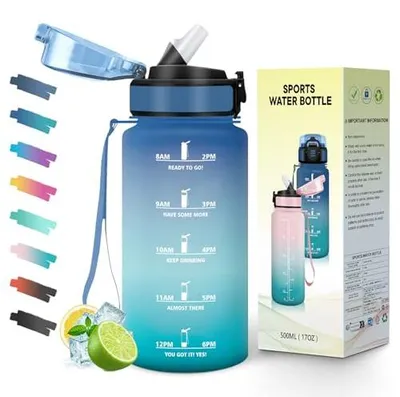 Produktbild von Trinkflasche 500ml mit Strohhalm, auslaufsicher, Motivationsskala, Mulbijeo