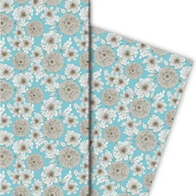 Produktbild von Edles Sommer Geschenkpapier mit Dahlien, hellblau - G10100, 32 x 48cm