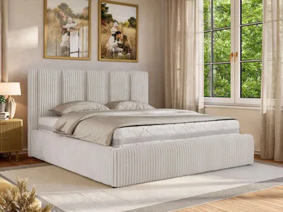 Immagine prodotto di Letto imbottito SAVINO CLASSIC di MKS MEBLE con contenitore e vano portaoggetti, letto matrimoniale 140 x 200 cm, molle a gas, rete a doghe inclusa, letto matrimoniale moderno, materasso in schiuma - MIRO LUX - velluto a coste beige