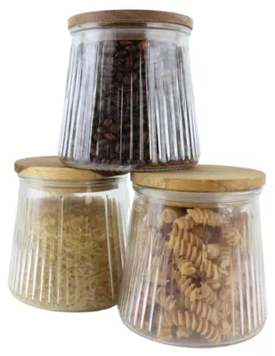 Immagine prodotto di Set di 3 contenitori in vetro con coperchio in legno di acacia, capacità 650 ml