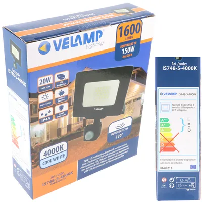 Obrázek produktu pro Velamp PADLIGHT5, LED reflektor SMD 20W IP44, černý, 4000K. S IR senzorem.