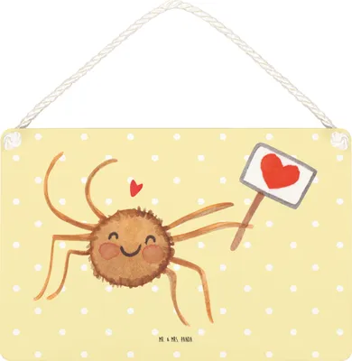 Produktbild von Mr. & Mrs. Panda Schild Spinne Agathe Motivation DIN A5 - Gelb Pastell - Geschenk, Wandbild Holz, Dankeschön, Türschild, Liebe, wandtafel, Vertrauen, Holzschild, Glück