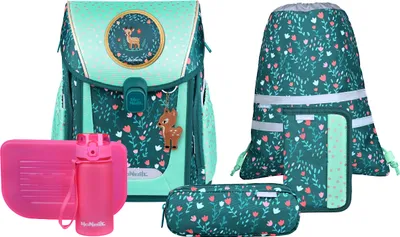 A collection of school supplies including a backpack, pencil case, water bottle, and lunch box, all with a floral and deer motif.