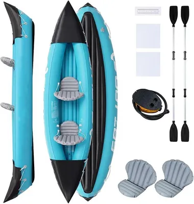 Produktbild von Kajak aufblasbar 2 Personen, Schlauchboot mit Aluminiumpaddeln, aufblasbare Sitze, Fußpumpe & Reparaturset, belastbar bis 160 kg, Kanu zum Angeln, Driften & für Abenteuer