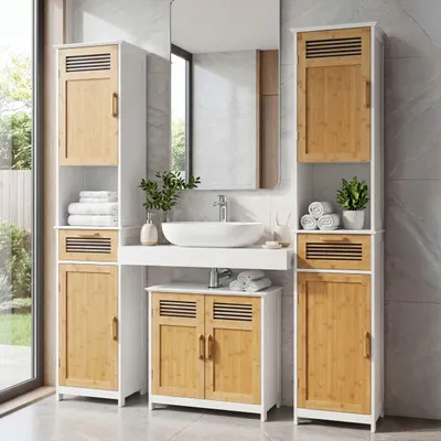 Image de Ensemble de salle de bain HWC-A85, meuble de salle de bain 2x armoire haute sous lavabo en bambou, MVG blanc