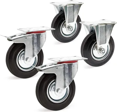 Produktbild von Wiltec Transportrollen Set 125mm 2x Doppelstopp-Lenkrolle und 2x Bockrolle mit Vollgummirad, 100kg pro Rad
