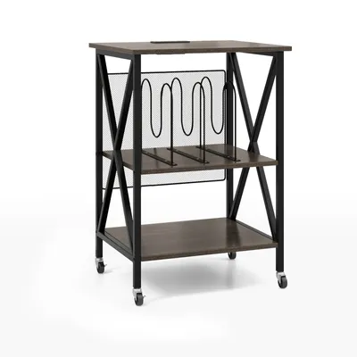 Produktbild von COSTWAY Plattenspielerständer, Rollständer mit integrierter Ladestation, robuster Beistelltisch mit Metallrahmen und Trennwand Grau