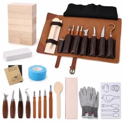 Produktbild von Elzusha – Set mit Holzschnitzwerkzeugen für Anfänger, inklusive Messer und Schnitzeisen