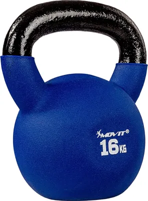 A blue kettlebell with a black handle is shown against a white background.