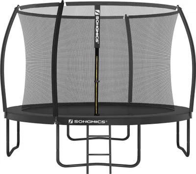 Produktbild von Trampolin 305 cm Durchmesser, Gartentrampolin für Kinder mit Sicherheitsnetz, 180 cm hohen gebogenen Stangen, Randabdeckung, Leiter, Stahlrahmen, schwarz